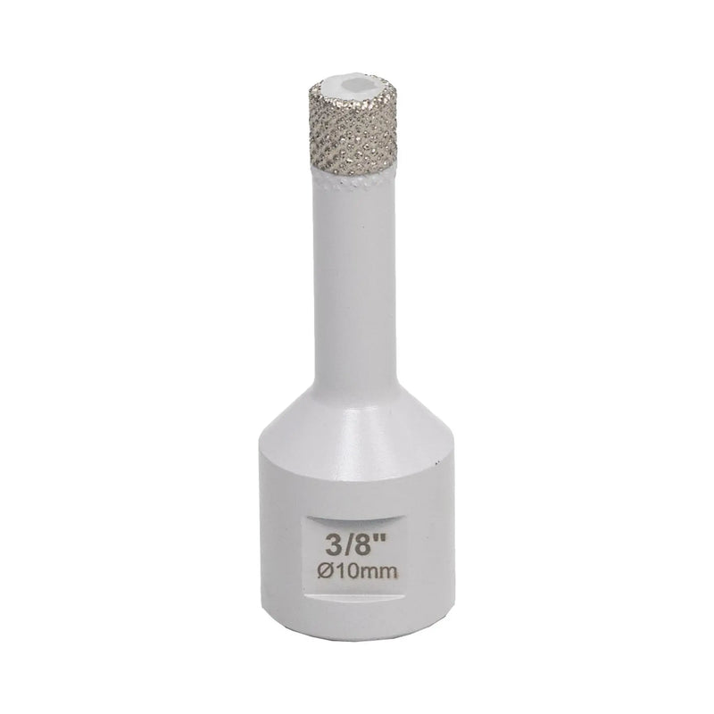 3/8 inch Diamond drill bit with a white base and gray diamond-coated tip on a white background