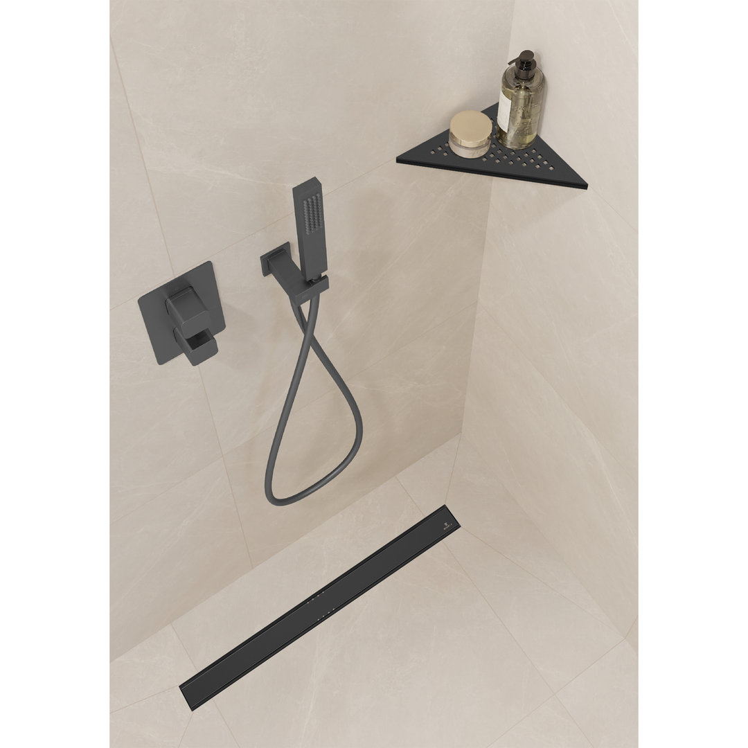 Guru Evolux Linear Lisa Drain & Strainer in Black, featuring a sleek and modern design perfect for contemporary bathrooms and efficient drainage solutions.