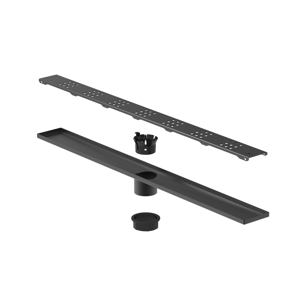 Guru Evolux Linear Plus Drain & Strainer, Black - Sleek and durable linear drain system in a modern black finish, ideal for efficient water drainage and stylish bathroom design.