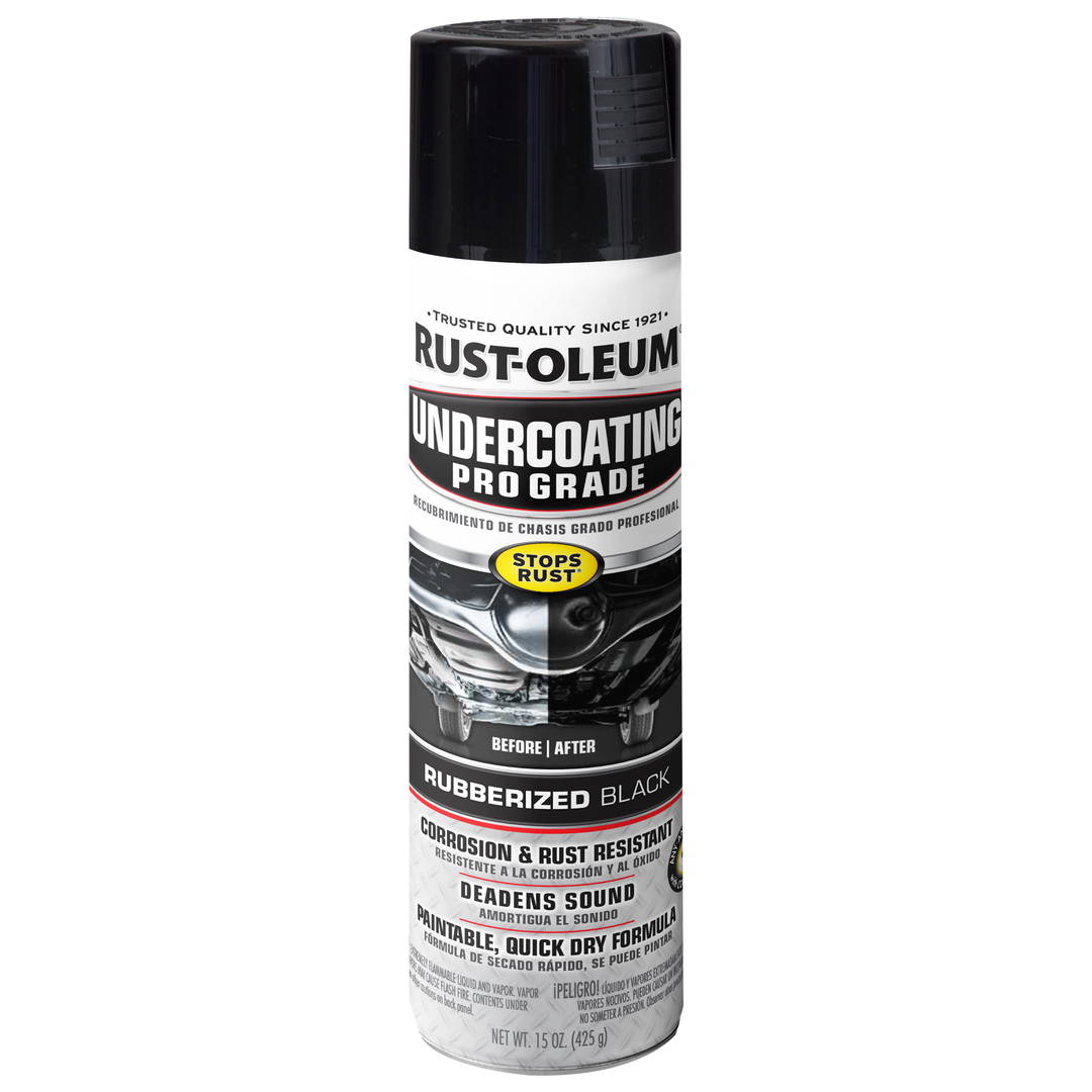 Rust-Oleum Automotive Professional Undercoating can being used on the bottom of a car.