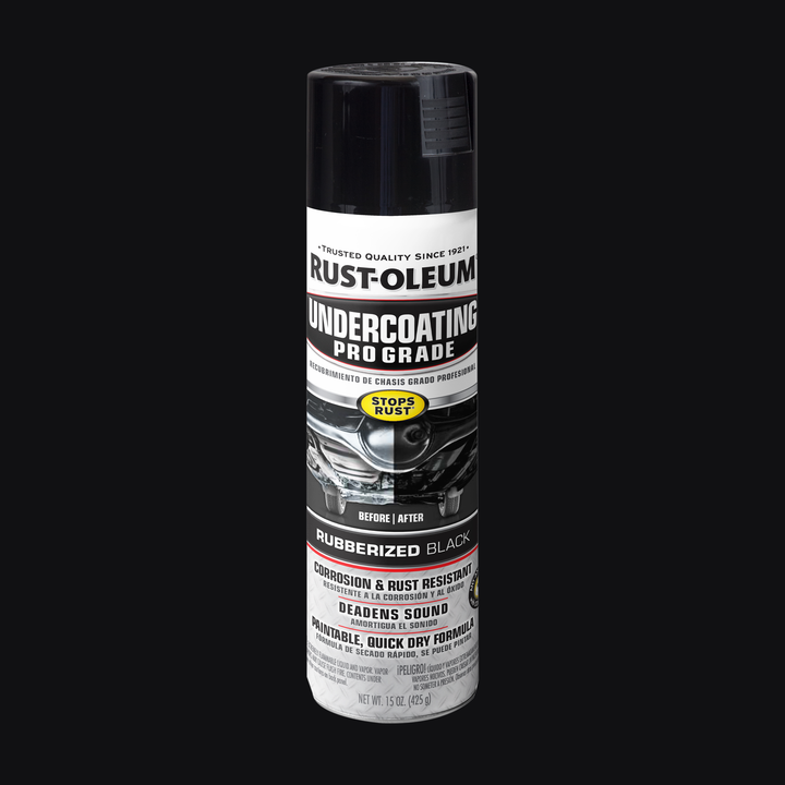 Rust-Oleum Automotive Professional Undercoating can being used on the bottom of a car.