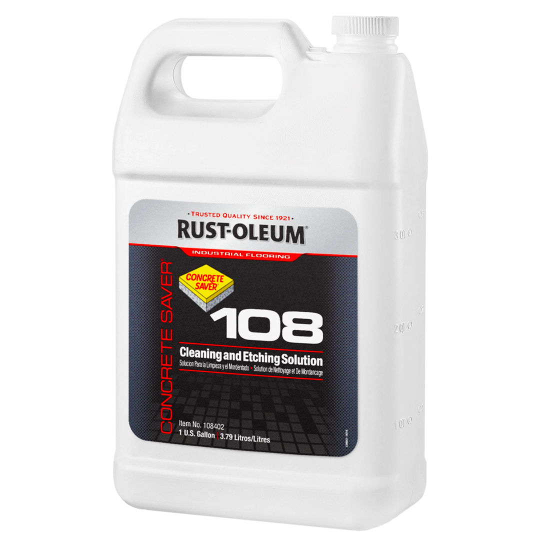 Rust-Oleum Concrete Saver 108 Cleaning & Etching Solution - 1-gallon container with blue label, used for preparing concrete surfaces for painting by cleaning and etching.