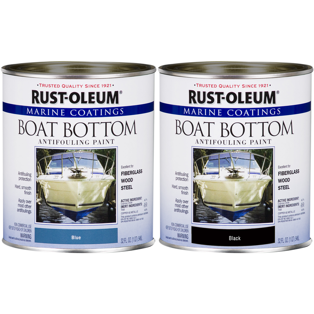 Rust-Oleum Marine Coatings Boat Bottom Antifouling Paint cans, Blue & Black