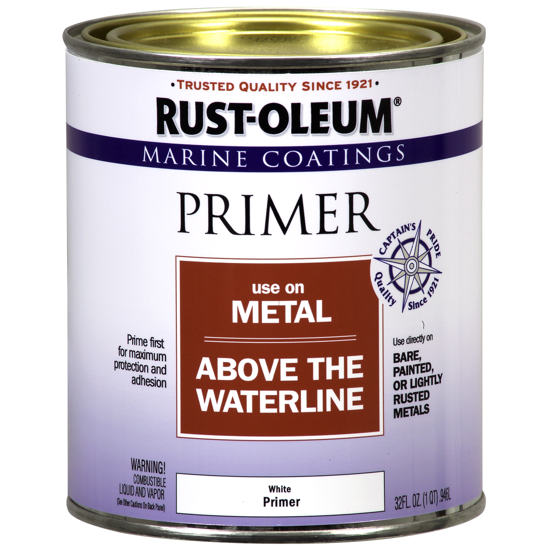 Rust-Oleum Marine Coatings Metal Primer, 1-quart can with blue label and white cap, ideal for rust prevention and surface preparation on metal surfaces