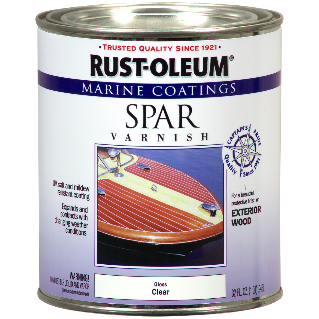 Image of Rust-Oleum Marine Coatings Spar Varnish, a protective finish designed for marine environments, providing a durable and glossy coat to protect against UV rays and harsh weather conditions.