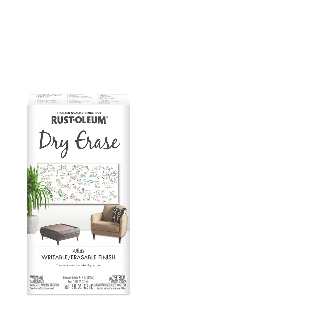 Image of Rust-Oleum Specialty Dry Erase Brush-On Paint Kit, showcasing the paint can, brush, and application instructions.