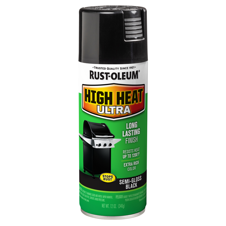 Rust-Oleum Specialty High Heat Ultra Spray Paint can with black cap, designed for high-temperature surfaces such as grills, wood stoves, and engines.