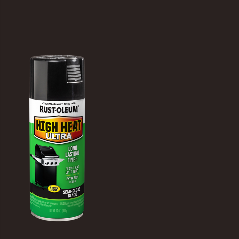 Rust-Oleum Specialty High Heat Ultra Spray Paint can with black cap, designed for high-temperature surfaces such as grills, wood stoves, and engines.
