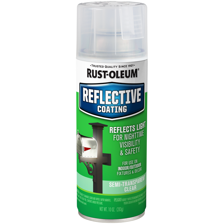Rust-Oleum Specialty Reflective Finish Spray Paint can with a reflective finish on the surface behind it