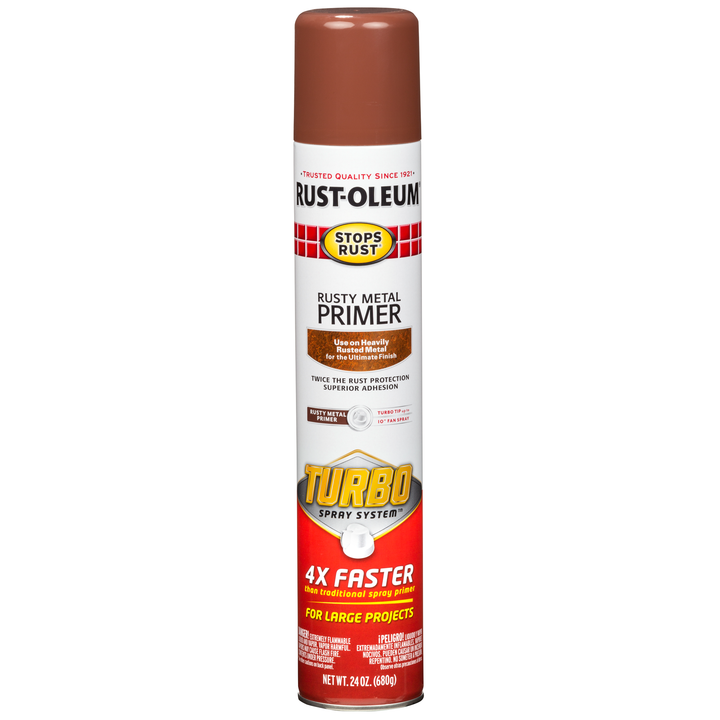 Rust-Oleum Stops Rust Rusty Metal Primer with Turbo Spray System in use, showing its powerful spray action and excellent coverage on rusty metal surfaces.