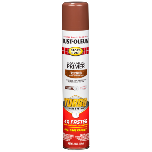 Rust-Oleum Stops Rust Rusty Metal Primer with Turbo Spray System in use, showing its powerful spray action and excellent coverage on rusty metal surfaces.