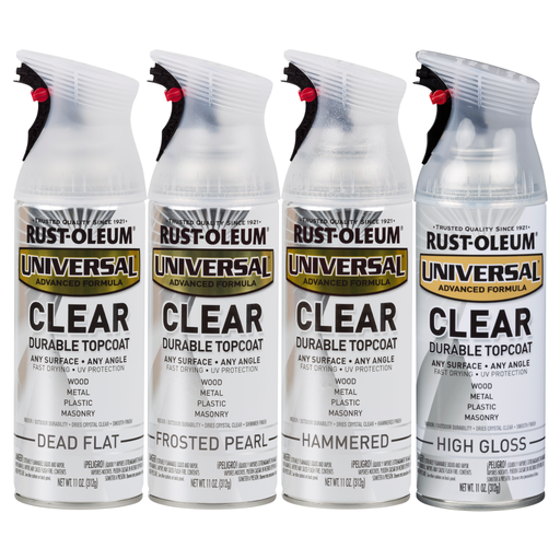 Rust-Oleum Universal Premium Clear Topcoat - 11 oz. Spray, providing a durable protective finish on any surface.
