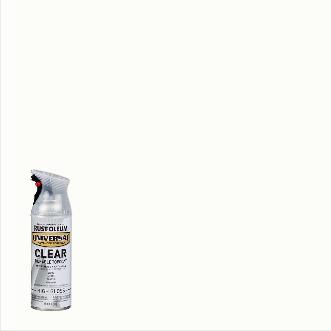 Rust-Oleum Universal Premium Clear Topcoat - 11 oz. Spray, providing a durable protective finish on any surface.