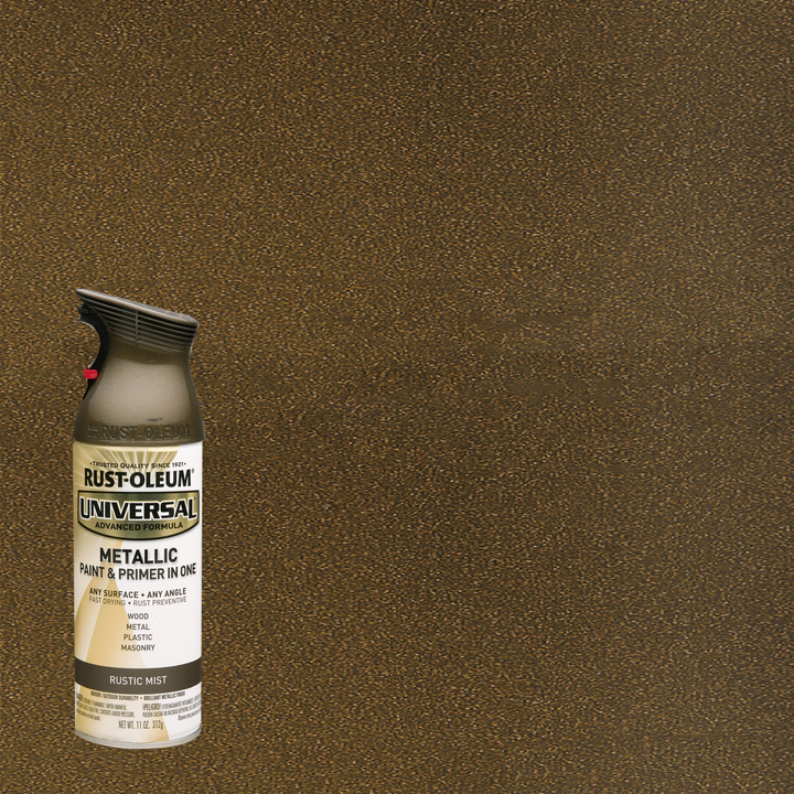 Rust-Oleum Universal Premium Metallic Spray Paint, versatile for any surface, featuring a durable, high-gloss finish.