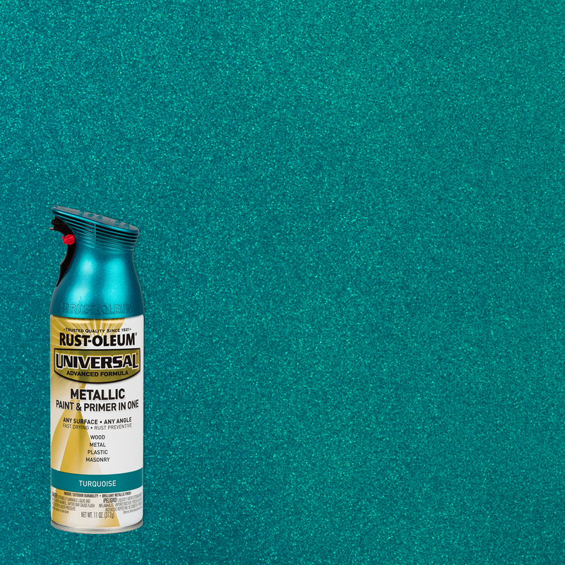 Rust-Oleum Universal Premium Metallic Spray Paint, versatile for any surface, featuring a durable, high-gloss finish.