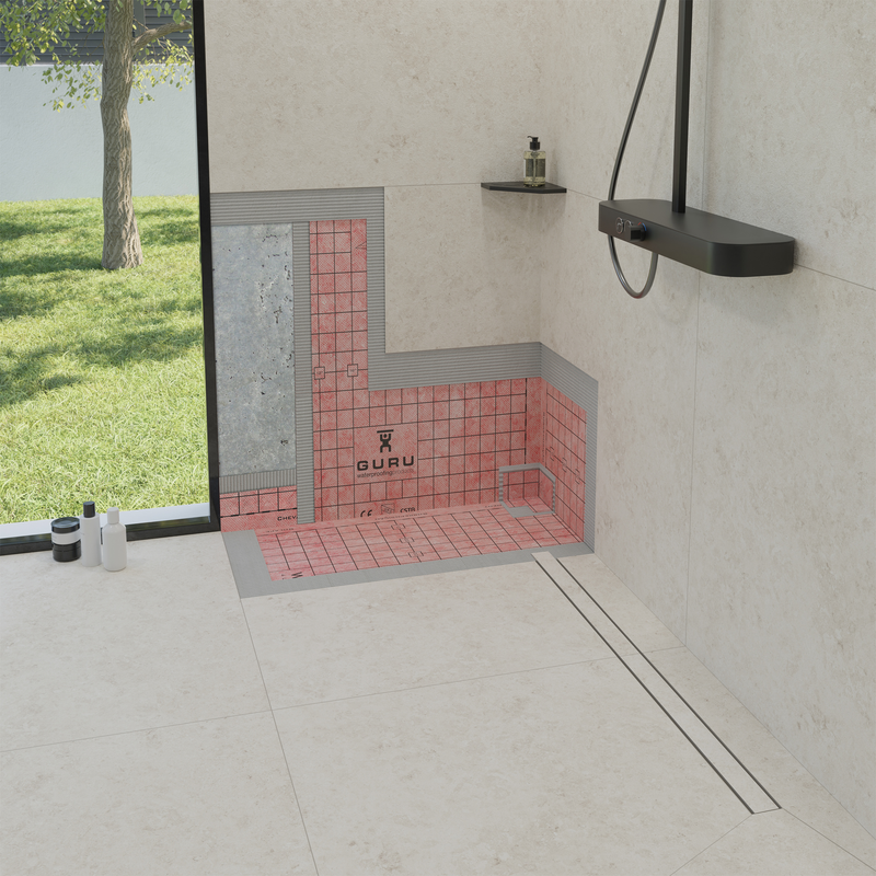 Guru Evolux Linear Tileable Drain & Strainer - Stainless Steel, sleek design, and superior drainage solution for modern bathrooms.