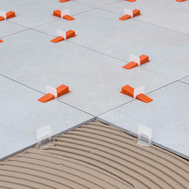 Raimondi 1/32" (1MM) Tile Leveling Clips and Wedges Installed Together. 