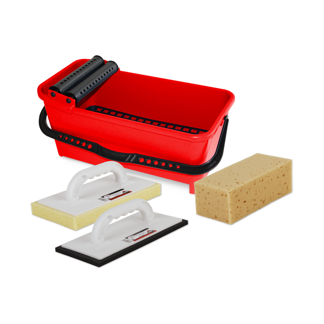 Rubi Tools RUBICLEAN ECO Wash Bucket Kit with bucket, rollers, and sponges for efficient tile cleaning.