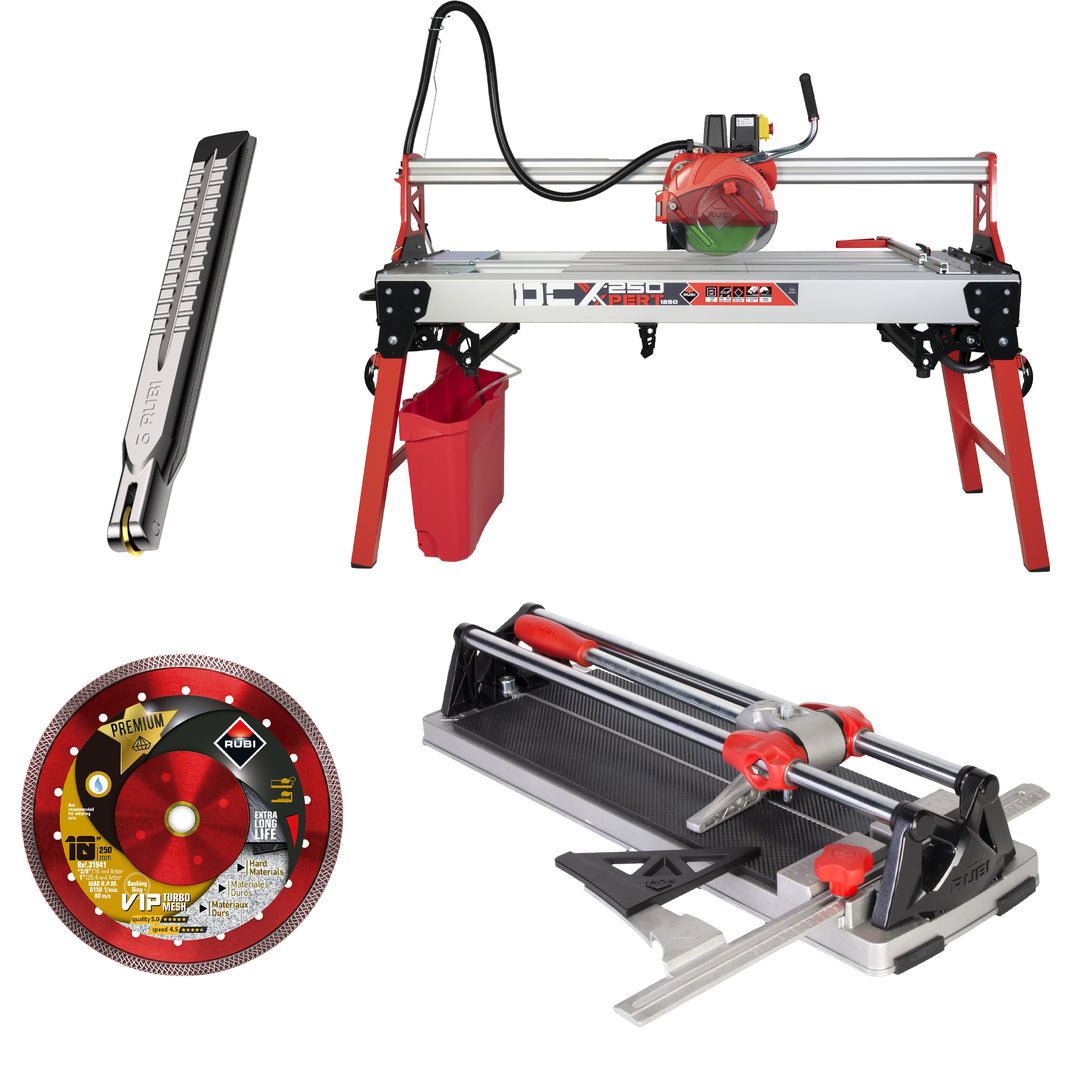 Collection of tile cutting tools including a wet saw, diamond blade, tile cutter, and scoring wheel on a white background