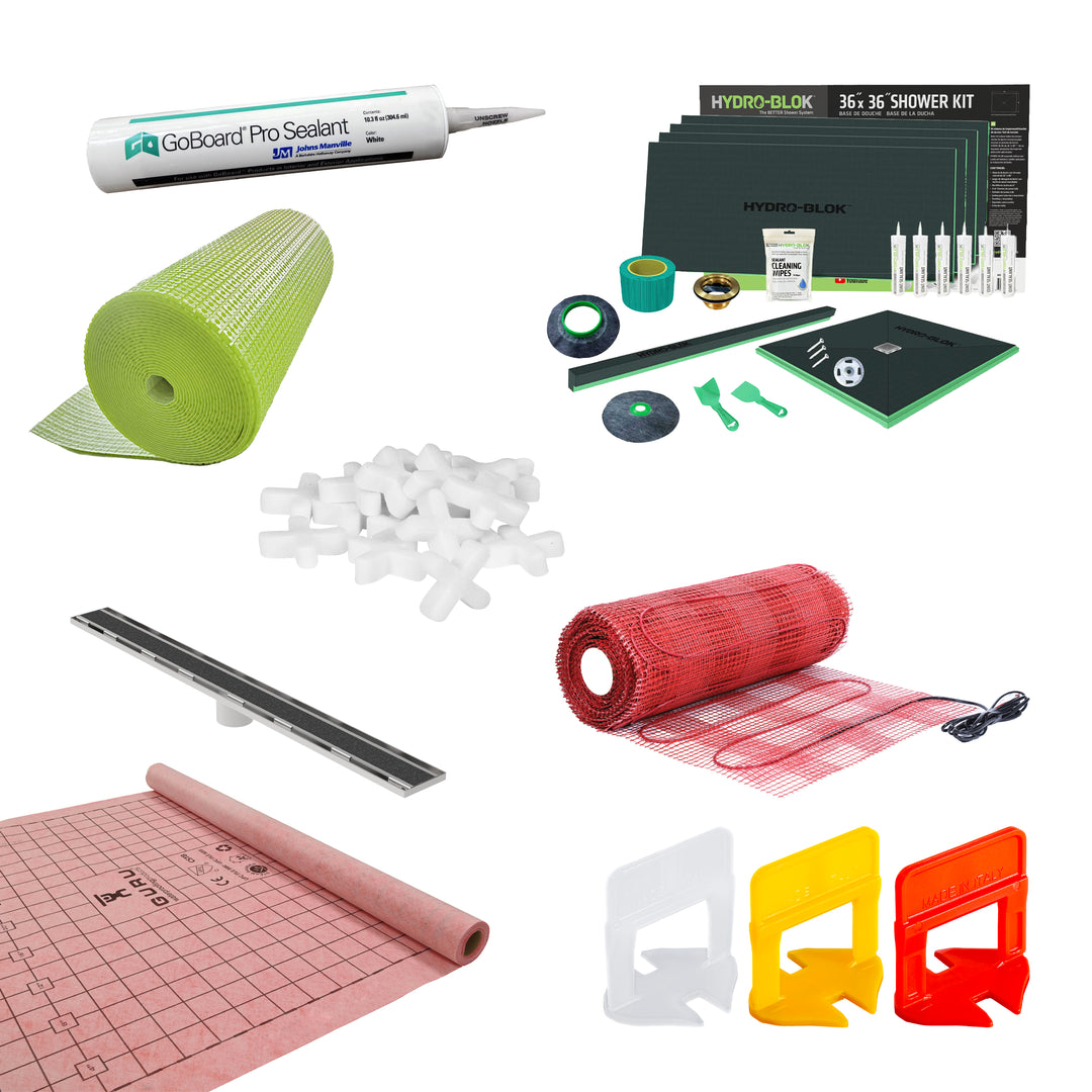 Collection of shower kit components including mesh, sealant, and tools on a white background