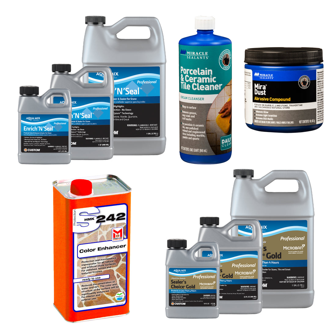 Collection of various sealant and cleaning products on a white background